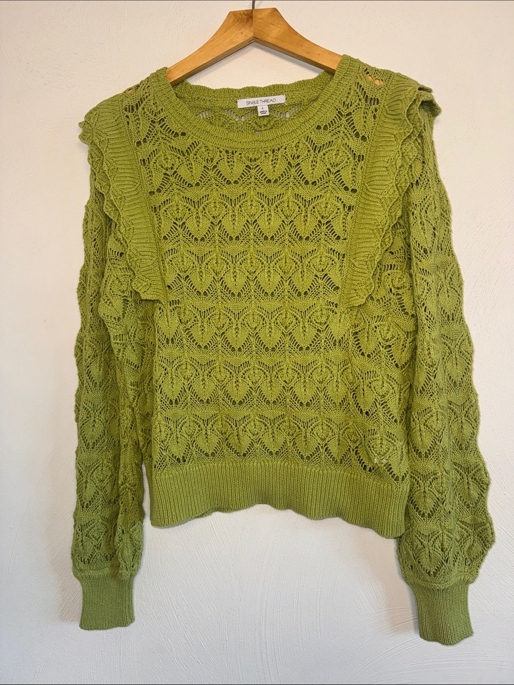 Single Olive Green Open-Knit Ruffle Shoulder Sweater